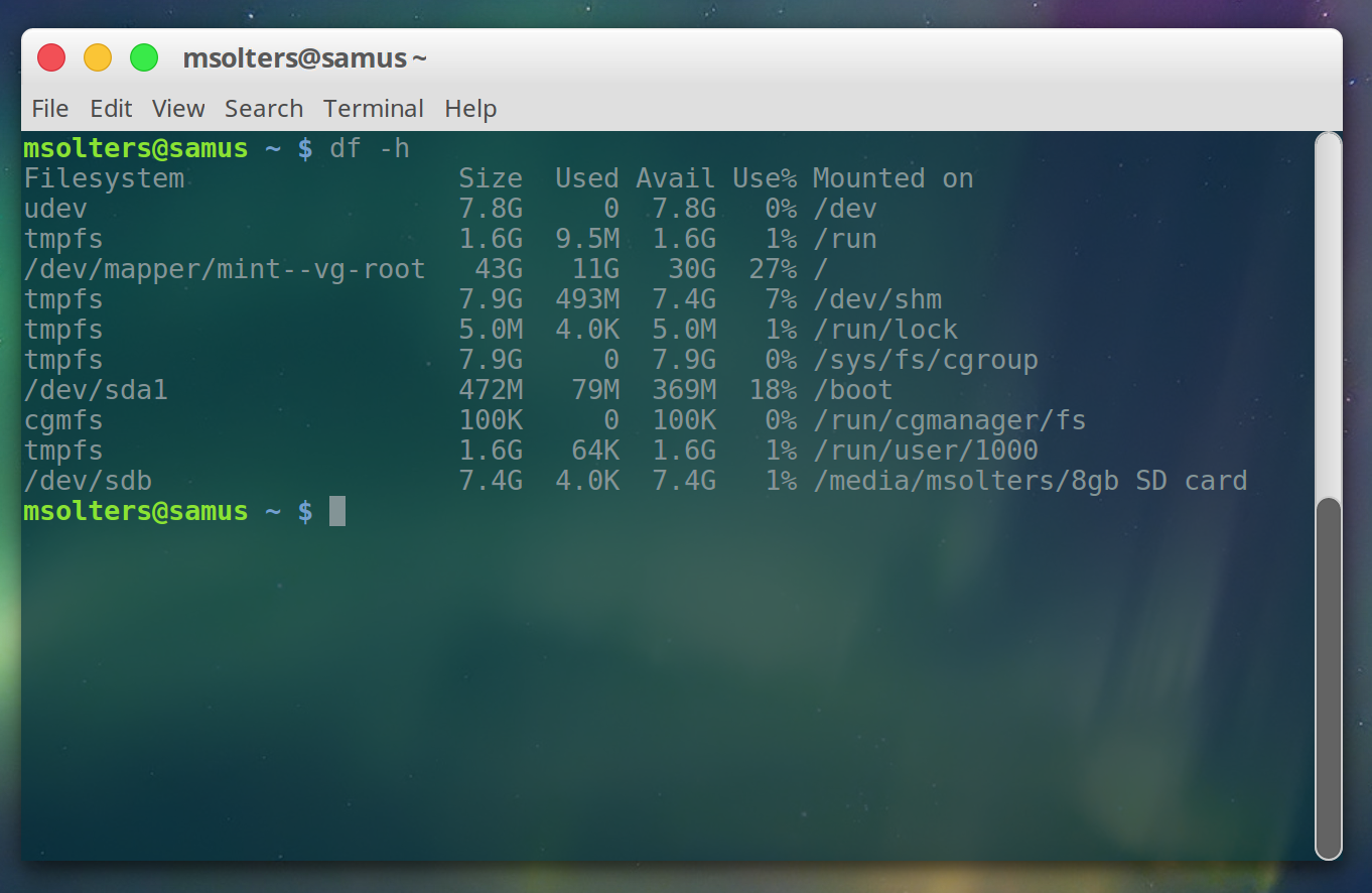 screenshot of df -h output showing SD card