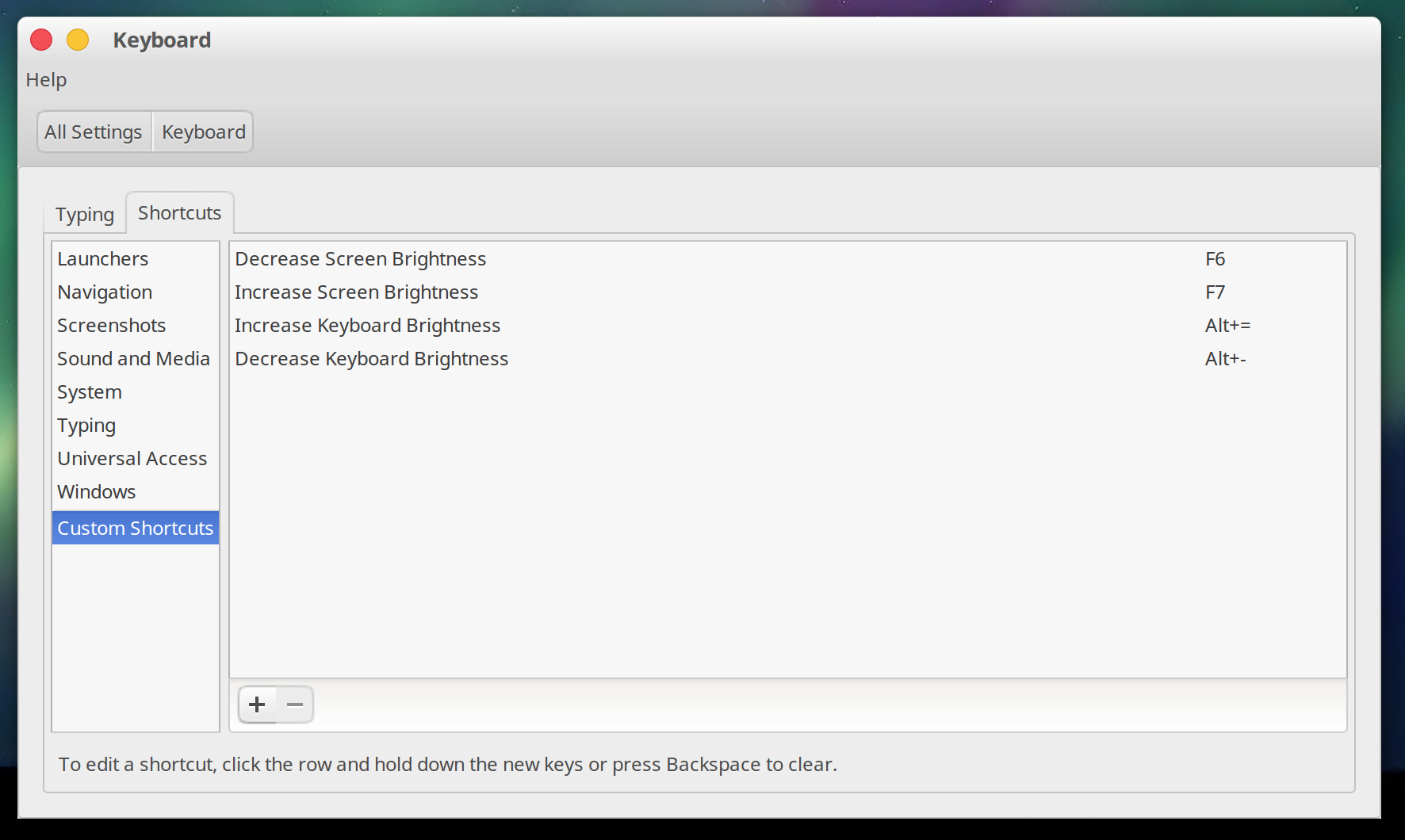 Ubuntu Keyboard settings dialog showing brightness shortcuts