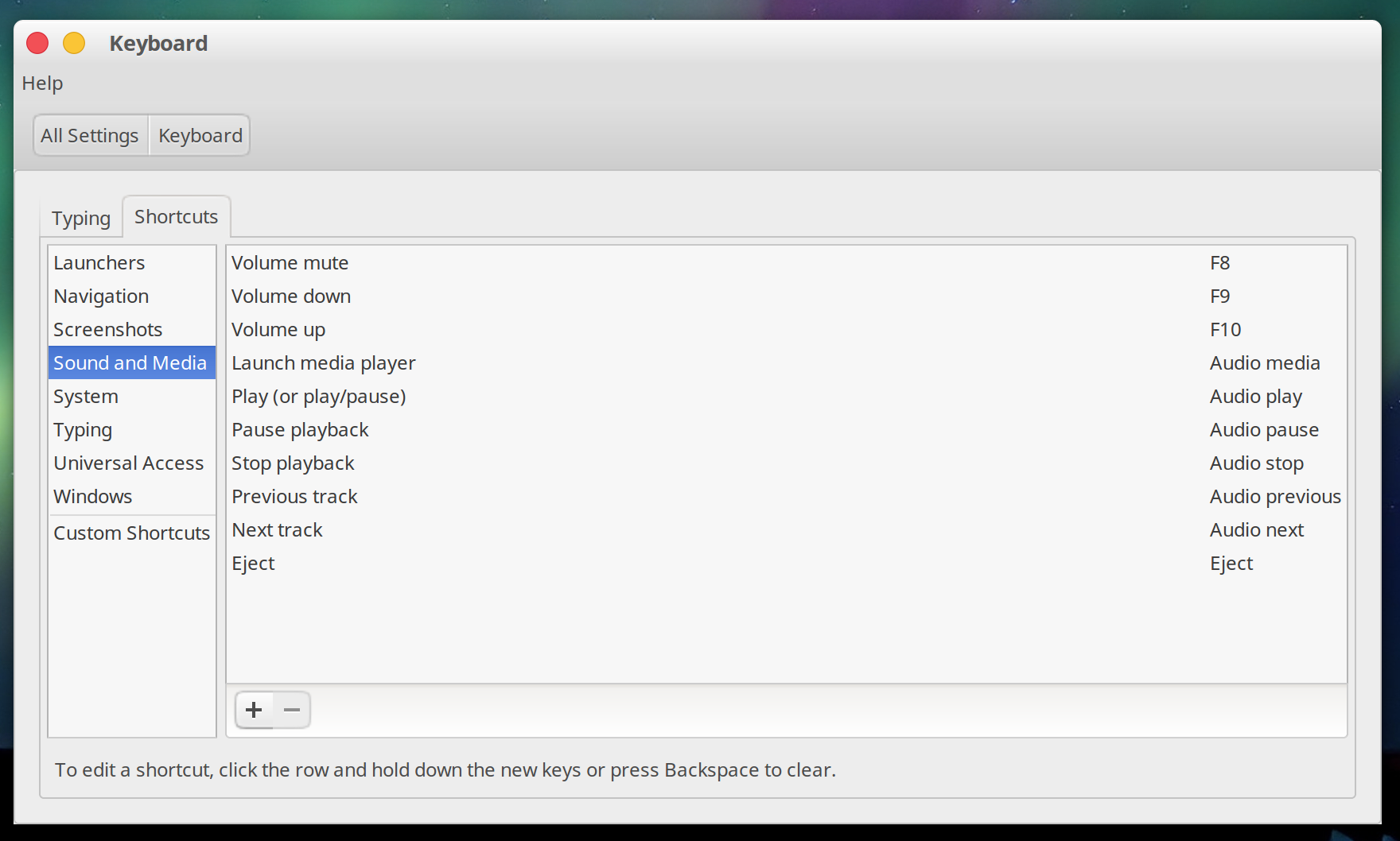 Ubuntu Keyboard settings dialog showing volume shortcuts