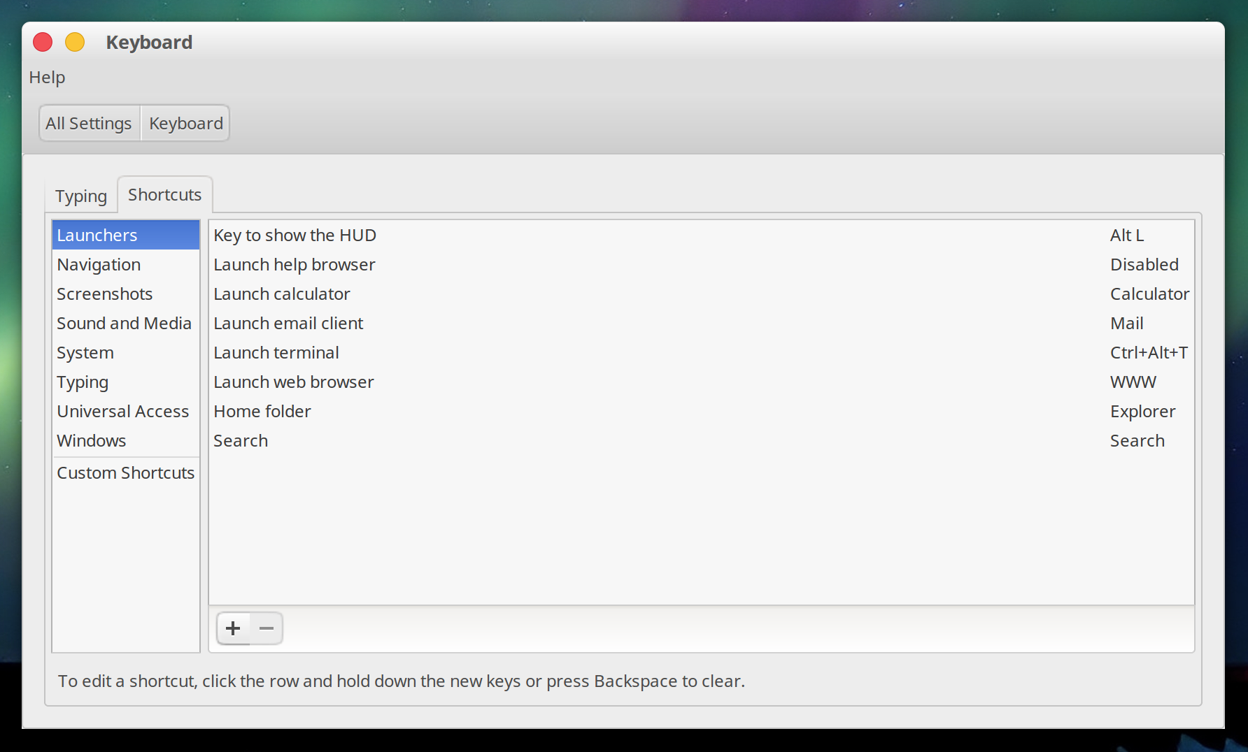 Ubuntu's Keyboard settings dialog showing shortcuts