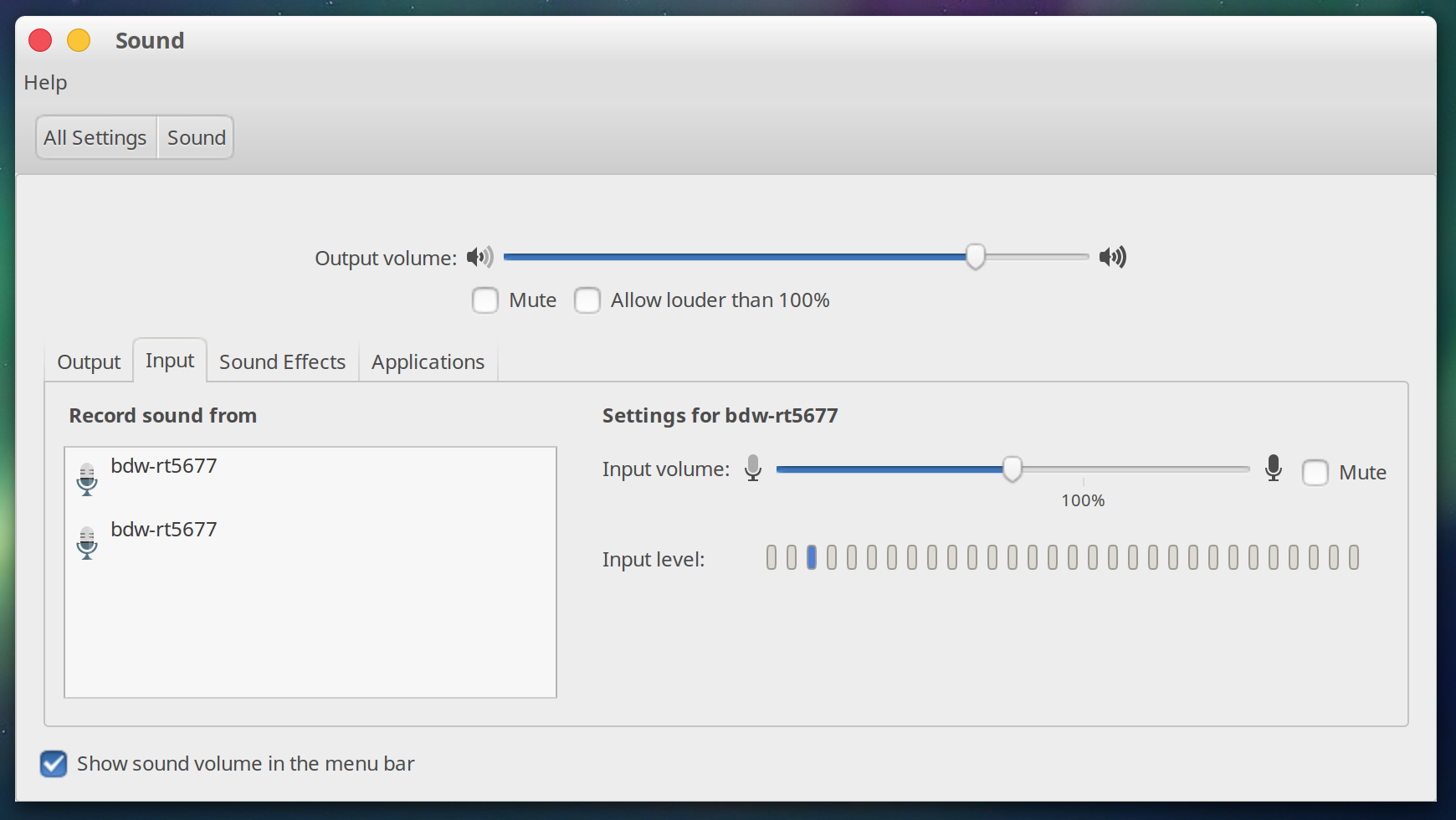 Ubuntu Sound settings showing bdw-rt5677 device as microphone input